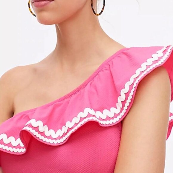 NEW J. Crew Barbie Pink Ruffled One Shoulder One Piece Swimsuit Size 14 $149 NWT - Picture 2 of 16